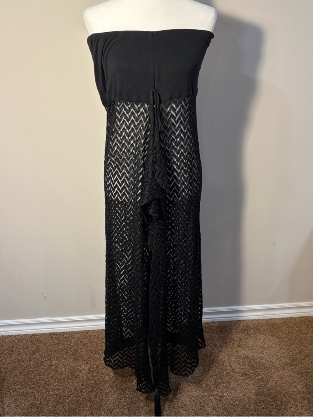 blue island Black Strapless Crochet Maxi Swim Coverup with Tie